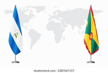 Nicaragua and Grenada flags for official meeting against background of world map.