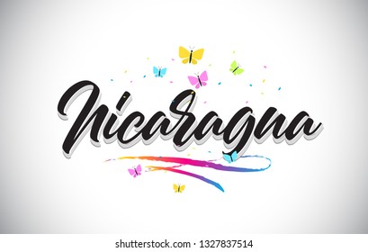 Nicaragua Handwritten Word Text with Butterflies and Colorful Swoosh Vector Illustration Design.