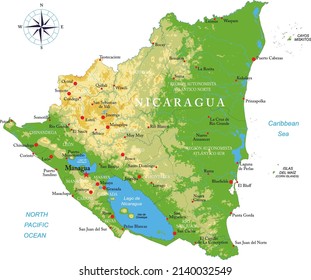 Mapa físico altamente detallado de Nicaragua