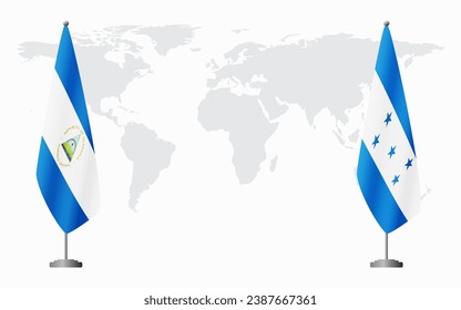 Nicaragua and Honduras flags for official meeting against background of world map.