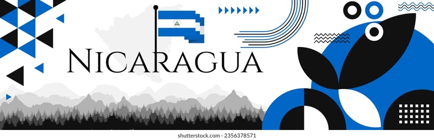 Nicaragua Independence Day abstract banner design with flag and map. Flag color theme geometric pattern retro modern Illustration design. Blue flag color template.
