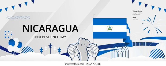 Nicaragua Independence Day greeting banner. September 15th is celebrated as Nicaraguan National Day annually. Modern template with flag and raised fist. Nicaragua Day illustration concept.