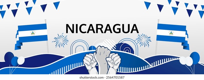 Nicaragua Independence Day greeting banner. September 15th is celebrated as Nicaraguan National Day annually. Modern template with flag and raised fist. Nicaragua Day illustration concept.