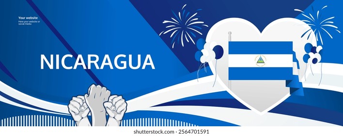 Nicaragua Independence Day greeting banner. September 15th is celebrated as Nicaraguan National Day annually. Modern template with flag and raised fist. Nicaragua Day illustration concept.