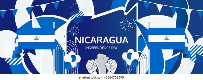 Nicaragua Independence Day greeting banner. September 15th is celebrated as Nicaraguan National Day annually. Modern template with flag and raised fist. Nicaragua Day illustration concept.