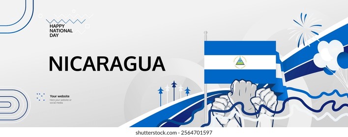 Nicaragua Independence Day greeting banner. September 15th is celebrated as Nicaraguan National Day annually. Modern template with flag and raised fist. Nicaragua Day illustration concept.