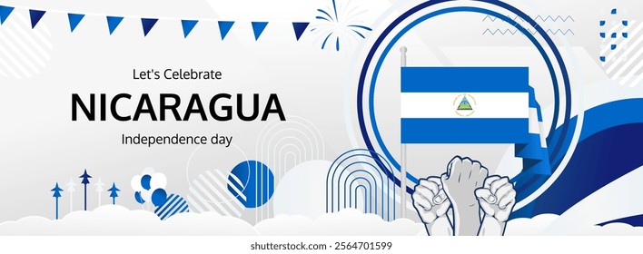 Nicaragua Independence Day greeting banner. September 15th is celebrated as Nicaraguan National Day annually. Modern template with flag and raised fist. Nicaragua Day illustration concept.