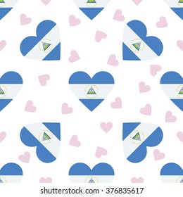Nicaragua independence day seamless pattern. Patriotic country flag background. Nicaragua flag in the shape of heart. Vector seamless pattern.