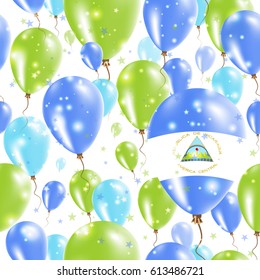 Nicaragua Independence Day Seamless Pattern. Flying Rubber Balloons in Colors of the Nicaraguan Flag. Happy Nicaragua Day Patriotic Card with Balloons, Stars and Sparkles.