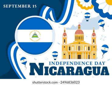 Nicaragua Independence Day Vector Illustration on September 15 with Waving Flag and Ribbon in a National Holiday Flat Style Cartoon Background