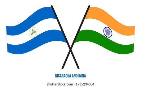 Nicaragua and India Flags Crossed And Waving Flat Style. Official Proportion. Correct Colors.