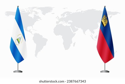 Nicaragua and Liechtenstein flags for official meeting against background of world map.
