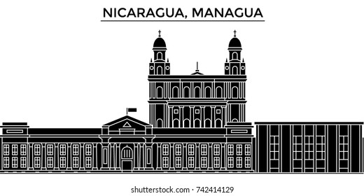 Nicaragua, Managua architecture vector city skyline, travel cityscape with landmarks, buildings, isolated sights on background