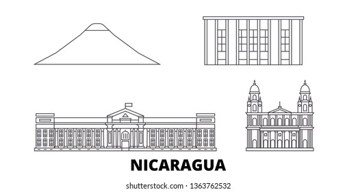 Nicaragua, Managua line travel skyline set. Nicaragua, Managua outline city vector illustration, symbol, travel sights, landmarks.