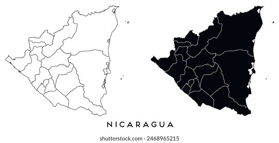 Nicaragua map of city regions districts vector black on white and outline