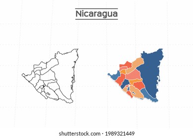 Mapa nicaragüense dividido por el colorido estilo de simplicidad de contorno. Tiene 2 versiones, versión de línea delgada negra y versión colorida. Ambos mapas estaban en el fondo blanco.