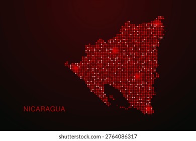 Nicaragua Map - Digital dotted map with glowing red points on dark background, modern technology style, abstract data network design, clean minimal vector illustration.