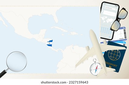 Nicaragua map and flag, cargo plane on the detailed map of Nicaragua with flag, passport, magnifying glass and airplane. Vector template.