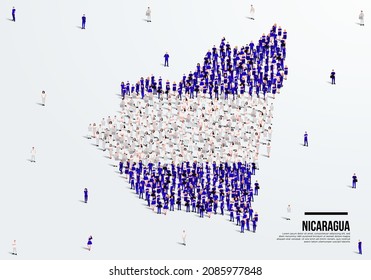 Nicaragua Map and Flag. A large group of people in the Nicaragua flag color form to create the map. Vector Illustration.