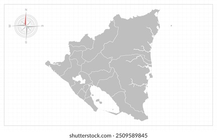 Nicarágua mapa com estilo cinza e elemento compas.