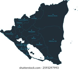 Nicaragua map high detailed with administrative divide by state, capital cities names, outline simplicity style. Vector illustration EPS10.