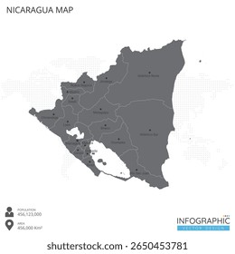 Nicaragua map high detailed with regions and cities of the country on white background. Vector illustration EPS10.