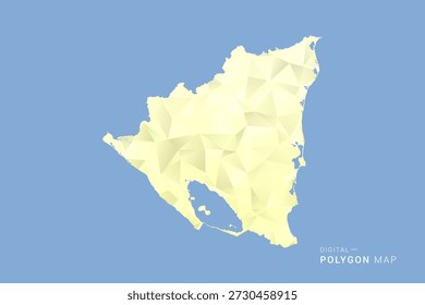Nicaragua Mapa en estilo de Vector de polígono bajo, ilustración de forma geométrica con tonos amarillos suaves sobre fondo azul, silueta limpia para infografía.