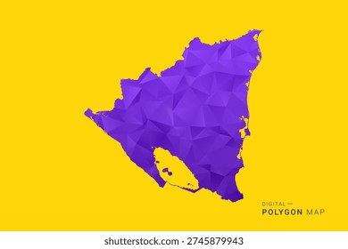 Nicaragua Map - Low poly polygon map in vibrant purple gradient on bold yellow background, modern minimal geometric style, clean digital vector illustration.