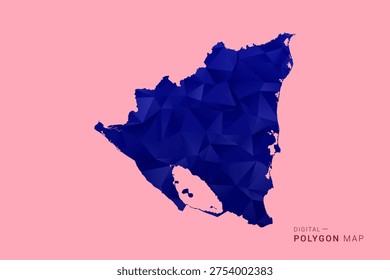 Nicaragua Map - Low poly polygon map in deep blue gradient on soft pink pastel background, modern minimal geometric design, clean digital vector illustration.