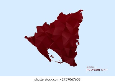 Nicaragua Map - Low poly polygon map in deep red gradient on light blue background, modern minimal geometric design, vector illustration with faceted triangulated style.