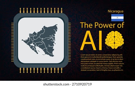 nicaragua map with microchip war and AI concept on circuit board, Power of AI with country map. Global connectivity with big data. Design for UI backgrounds or FinTech projects.
