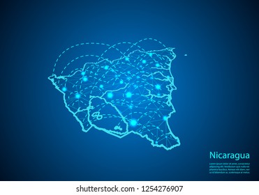nicaragua map with nodes linked by lines. concept of global communication and business. Dark nicaragua map created from white dots with travel locations or internet connection.