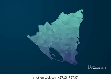 Mapa da Nicarágua - Ilustração de vetor estilo polígono com Gradiente azul-escuro, baixo design geométrico poly, digital e tecnologia inspirada, Silhueta limpa no fundo escuro.