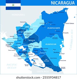 Nicaragua Map Vector Blue Spot - Customizable layered political map of Nicaragua with administrative divisions for website, education, reports, news, politics, print, poster and wallpaper