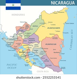 Nicaragua Map Vetor New 2024 Colorido - Personalizável em camadas mapa político da Nicarágua com divisões administrativas para site, educação, relatórios, notícias, política, impressão, cartaz e papel de parede