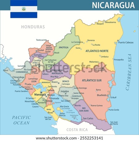 Nicaragua Map Vector New 2024 Colorful - Customizable layered political map of Nicaragua with administrative divisions for website, education, reports, news, politics, print, poster and wallpaper