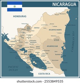 Nicaragua Map Vector Vintage Dark Blue Beige - Customizable layered political map of Nicaragua with administrative divisions for website, education, reports, news, politics, print, poster and wallpape