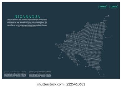 Nicaragua Karte - Weltkarte, Vektorvorlage mit grauen Punkten, Gitter, Grunge, Halbtonstil einzeln auf grünem Hintergrund für Bildung, Infografik, Design, Website, Banner - Vektorgrafik eps10
