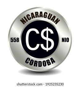 Nicaragua money icon isolated on round silver coin. Vector sign of currency symbol with international ISO code and abbreviation