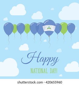 Nicaragua National Day Flat Patriotic Poster. Row of Balloons in Colors of the Nicaraguan flag. Happy National Day Nicaragua Card with Flags, Balloons, Clouds and Sky.