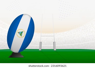 Nicaragua national team rugby ball on rugby stadium and goal posts, preparing for a penalty or free kick. Vector illustration.