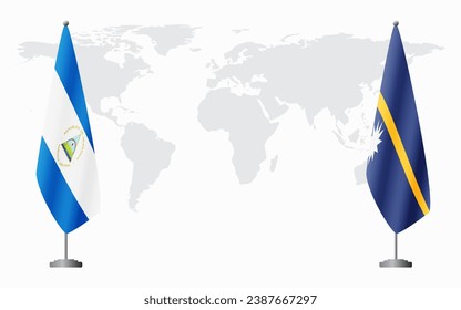 Nicaragua and Nauru flags for official meeting against background of world map.