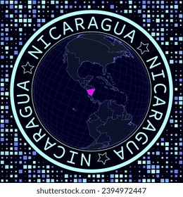 Nicaragua on globe vector. Futuristic satelite view of the world centered to Nicaragua. Geographical illustration with shape of country and squares background. Bright neon colors on dark background.