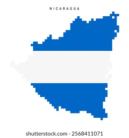 Nicaragua pixel flag map icon. 8 bit pixel art Nicaraguan map covered with flag. Flat vector illustration isolated on white background.