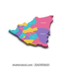 Nicaragua political map of administrative divisions - departments and autonomous regions. Colorful 3D vector map with dropped shadow and country name labels.