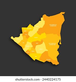 Nicaragua mapa político de divisiones administrativas - departamentos y regiones autónomas. Mapa vectorial plano de sombra amarilla con etiquetas de nombre y sombra caída aislada sobre fondo gris oscuro.