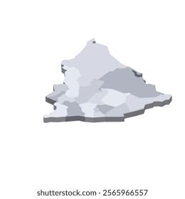 Nicaragua political map of administrative divisions - departments and autonomous regions. 3D isometric blank vector map in shades of grey.