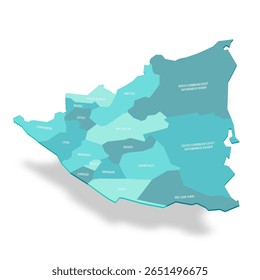 Nicaragua mapa político de divisões administrativas - departamentos e regiões autônomas. Mapa de vetor turquesa 3D com rótulos de nome.