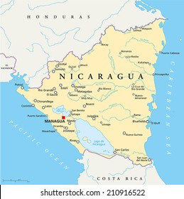 Nicaragua Political Map with capital Managua, with national borders, most important cities, rivers and lakes. Illustration with English labeling and scaling.