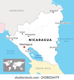 Mapa político de Nicaragua con la capital Managua, ciudades más importantes y fronteras nacionales